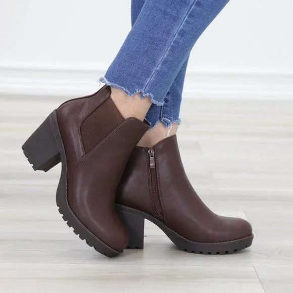 Lug Sole Ankle Boots Brown Chelsea Booties - Picture 7 of 15